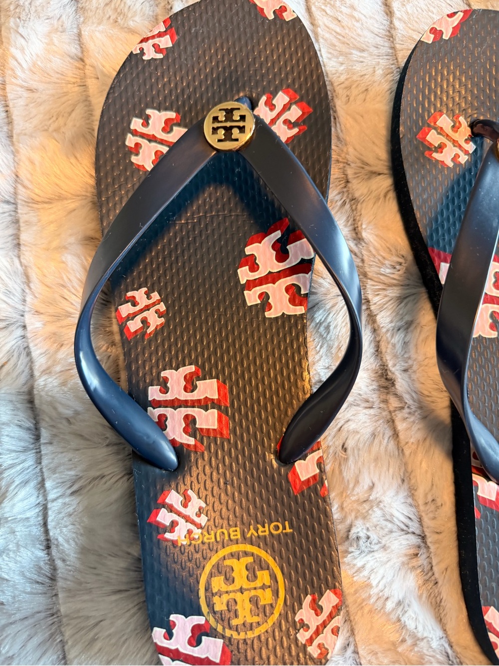 Tory Burch Women’s Navy Blue Logo Flip Flops - Picture 4 of 14